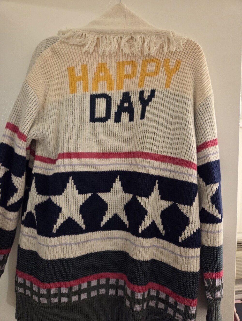 PEACE LOVE WORLD  Cream Cardigan Affirmation Navy, Pink & Yellow Accent NWT